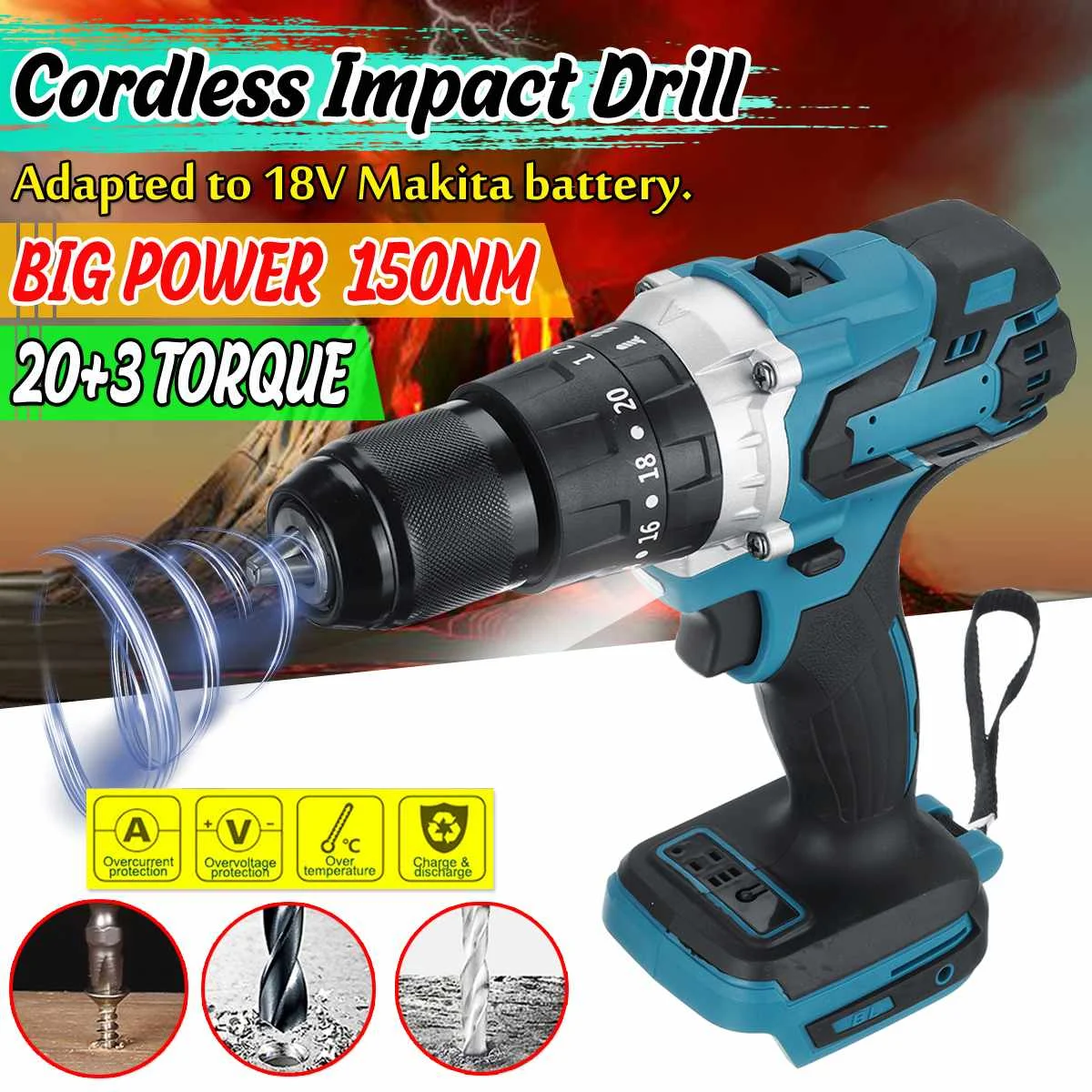 Cordless Impact Drill Electric Drill Stepless Speed Screwdriver 150NM 1500RPM for 18V Makita Battery Power Tool LED Work Light
Cordless Impact Drill Electric Drill Stepless Speed Screwdriver 150NM 1500RPM for 18V Makita Battery Power Tool LED Work Light