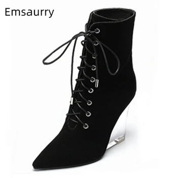 Black Suede Pointed Toe Ankle Boots Women Clear Crystal High Wedges Cross-tied Short Booties Chic Winter 2020 Botas Mujer 
Black Suede Pointed Toe Ankle Boots Women Clear Crystal High Wedges Cross-tied Short Booties Chic Winter 2020 Botas Mujer