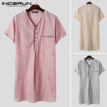 INCERUN Men Striped Sleep Robes Nightgown Short Sleeve V Neck Cotton Breathable Bathrobes Men Dressing Gown Cozy Homewear 2020