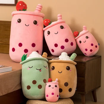 Kawaii Milk Boba Tea Cup Plushie Toy Stuffed Doll Soft Strawberry Bubo Cushion Cute Cup Shape Pillow Christmas Gift For Children