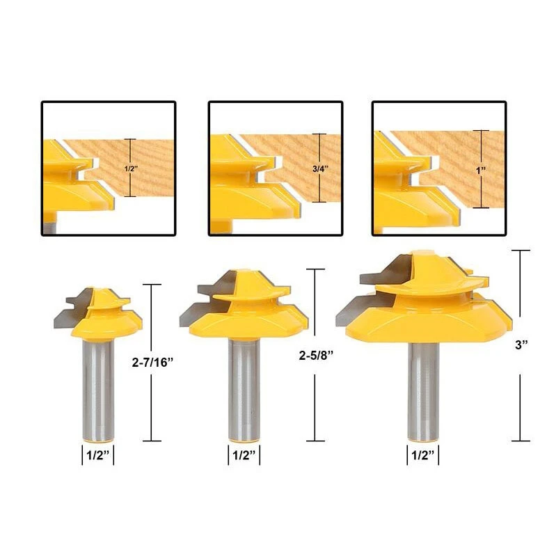 1/2" Shank 45 Degree Lock Miter Bit 3 pc.Glue Joint Set Woodworking cutter Tenon Cutter for Woodworking Tools
1/2" Shank 45 Degree Lock Miter Bit 3 pc.Glue Joint Set Woodworking cutter Tenon Cutter for Woodworking Tools