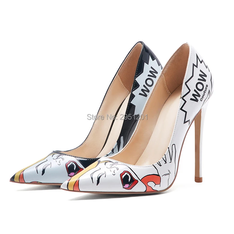 

Top Brand White Black Printed High Heel Shoes Celebrity Popular Shallow Pumps 12cm Stiletto Heels Shoes 12CM Stage Shoes
