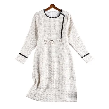 Fashionable Plus Size Women Apricot Tweed Dress Long Sleeve O Neck Button Decoration Casual White Plaid Dress for Office Lady 
Fashionable Plus Size Women Apricot Tweed Dress Long Sleeve O Neck Button Decoration Casual White Plaid Dress for Office Lady