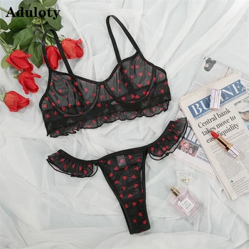 

Women's heart-shaped polka-dot sexy underwear set lotus leaf lace underwire gather bra mesh see-through erotic lingerie thong
