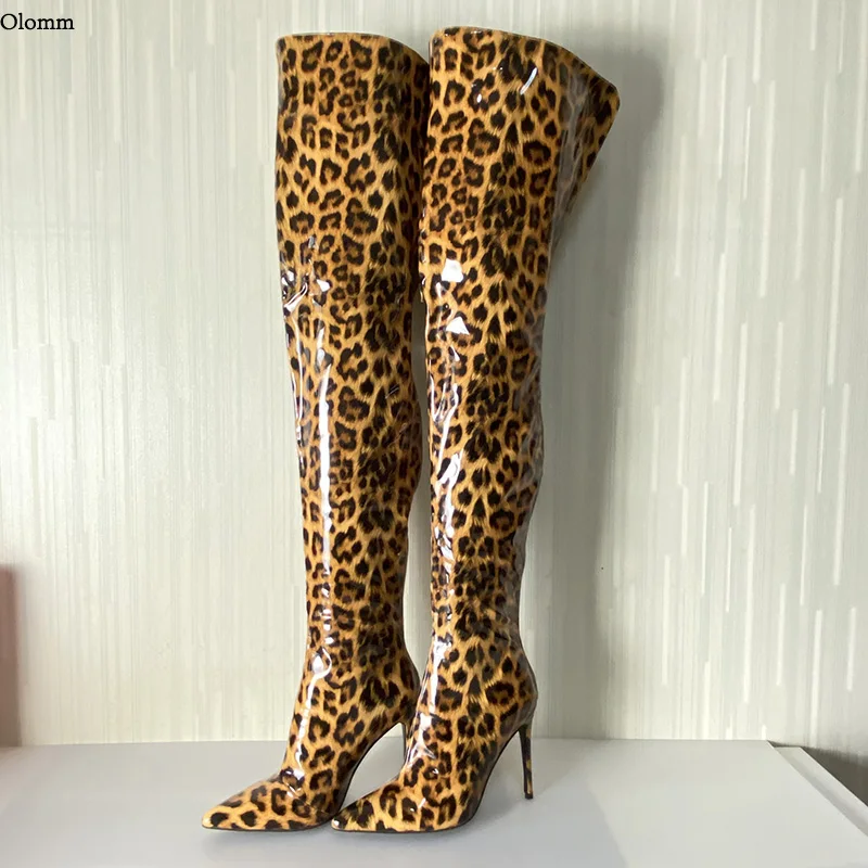 

Olomm Handmade Women Shiny Thigh High Boots Stiletto Heels Pointed Toe Gorgeous Leopard Night Club Shoes Women Plus US Size 5-15