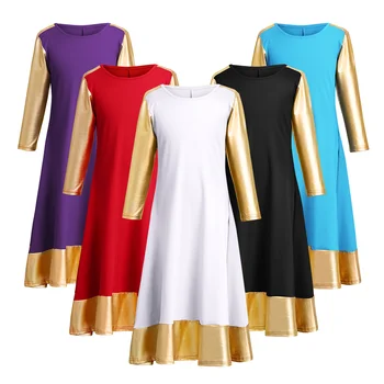 

Praise Dress Girls Liturgical Praise Dance Dress for Kids Long Sleeve Pleated Swing Metallic Splice Praise Dress Church Costumes