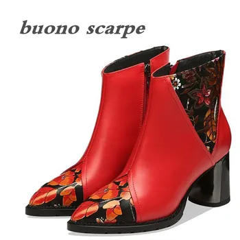 2019 winter new national style color matching flower female fashion full leather high heel boots 
2019 winter new national style color matching flower female fashion full leather high heel boots