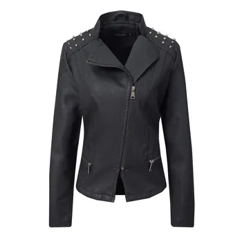 Womens Autumn Casual Leather Jacket Coat Lapel Zipper Rivet Female Coat Outwear Motorcycle Leather Jacket Slim Coat #1023 
Womens Autumn Casual Leather Jacket Coat Lapel Zipper Rivet Female Coat Outwear Motorcycle Leather Jacket Slim Coat #1023