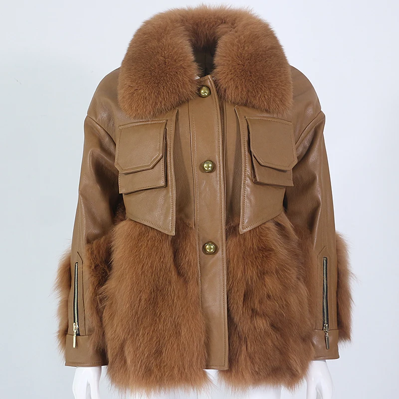 

MENINA BONITA 2022 New Real Fur Coat Winter Jacket Women Natural Fox Fur Collar Real Sheepskin Leather Warm Outerwear Streetwear