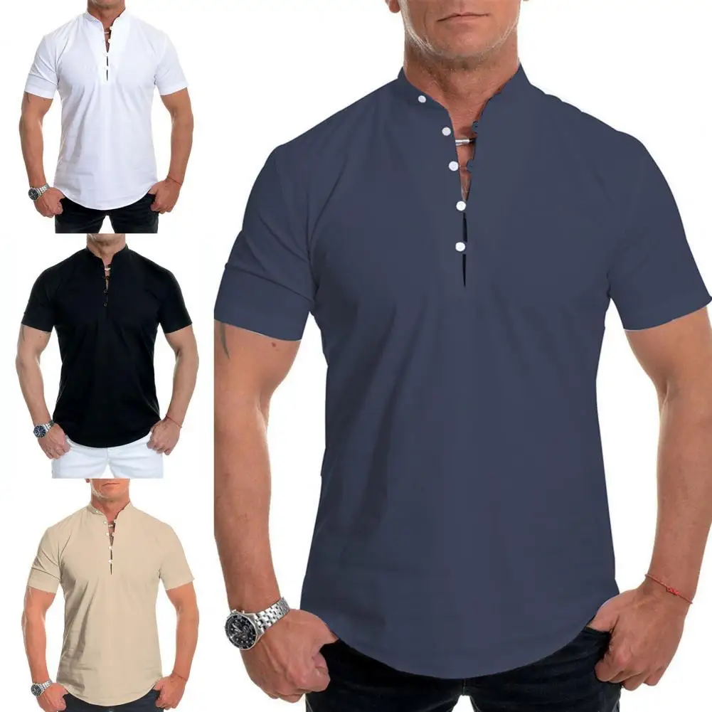 

Men Shirt Solid Color Slim Summer Short Sleeve Stand Collar Top for Dating