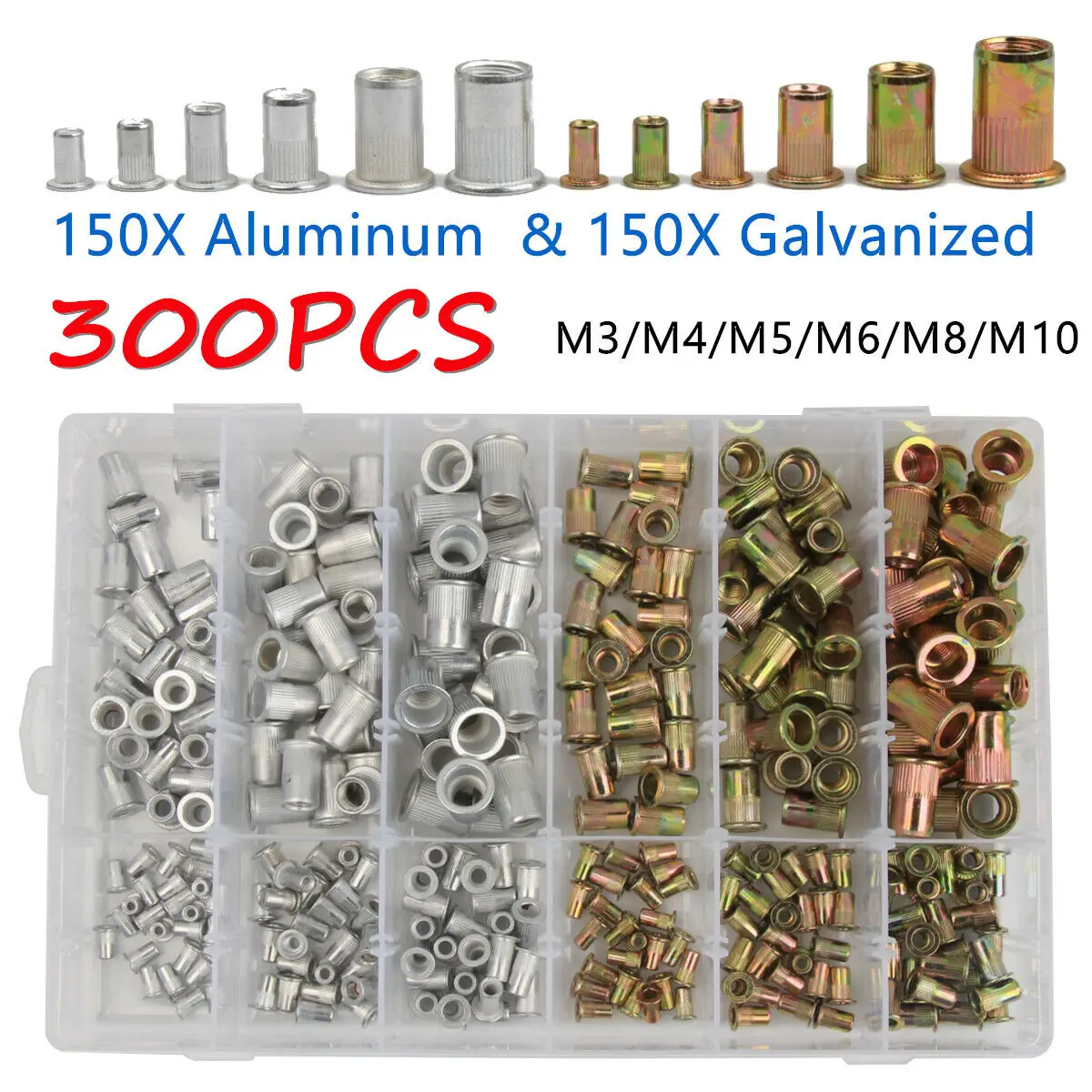 

300pcs Zinc Plated Rivetnuts Blind Set Nutserts Threaded Insert Nutsert Cap Flat Head Rivet Nuts Carbon Steel M3 M4 M5 M6 M8 M10