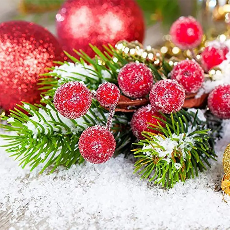 40pcs/set Mini Artificial Berry Christmas Tree Decorative Frosted Vivid Red Holly Berries Festive Supply | Дом и сад