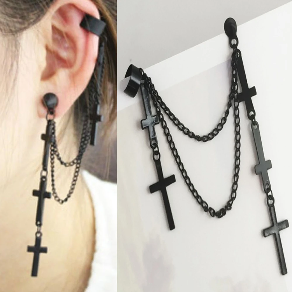 

FSUNION 2020 New Arrival Fashion Retro Black Cross Earrings Personality Ladies Hip Hop Multi-Layer Tassel Earrings Jewelry