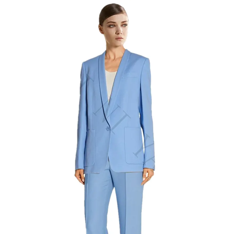 Фото Пиджак и брюки женские деловые костюмы светло-голубая Женская Офисная форма