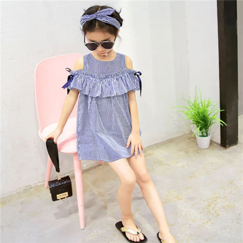 2020 Fashion Sweet Lovely Summer Dress Toddler Baby Girls Off Shoulder O-Neck Bow Blue Striped Straight Mini Dress Outfit Party 2020 Fashion Sweet Lovely Summer Dress Toddler Baby Girls Off Shoulder O-Neck Bow Blue Striped Straight Mini Dress Outfit Party