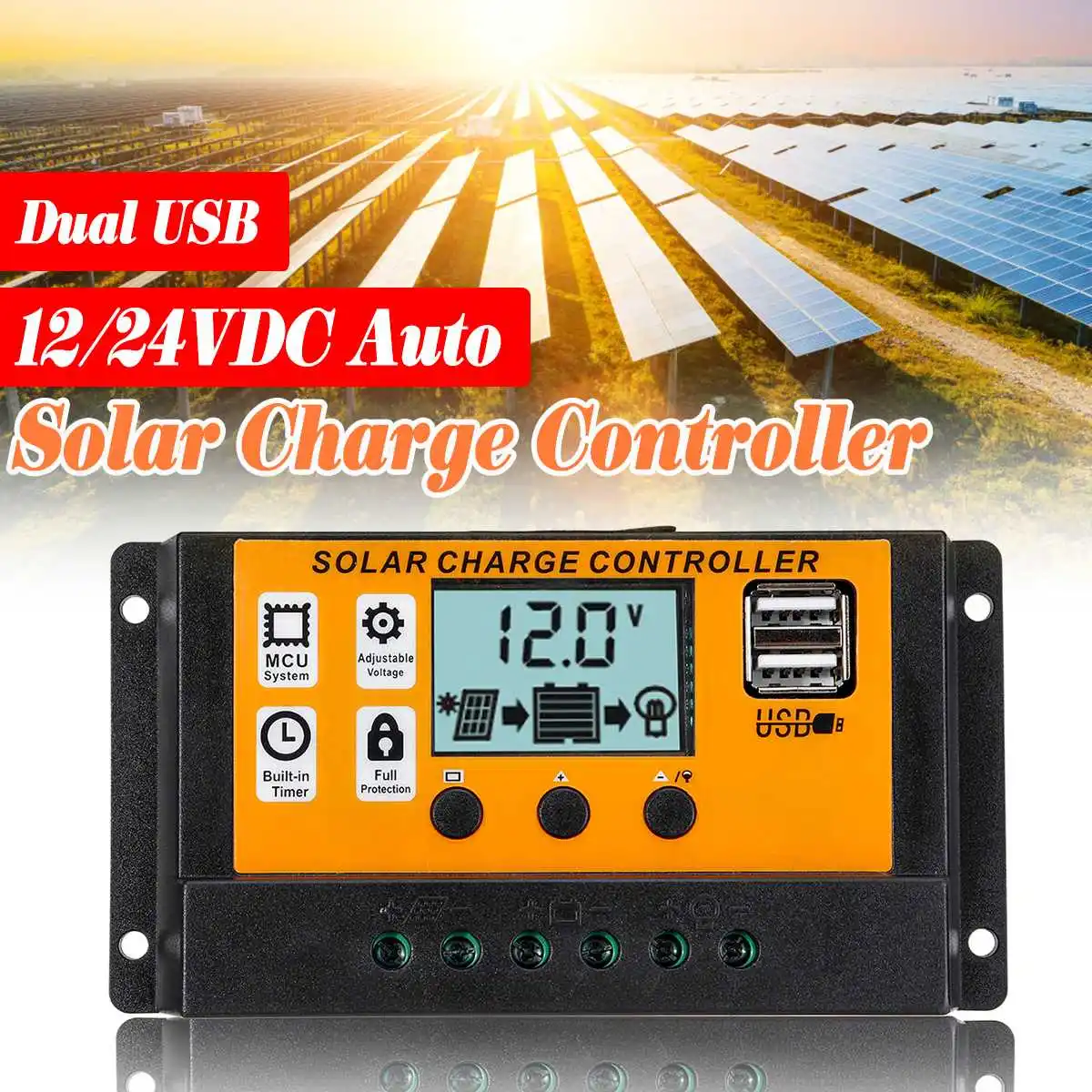 12V 24V Auto Solar Charge Controller Fully 3-stage PWM Controllers LCD Dual USB 10A/20A/30A Output Solar Panel Regulator
12V 24V Auto Solar Charge Controller Fully 3-stage PWM Controllers LCD Dual USB 10A/20A/30A Output Solar Panel Regulator