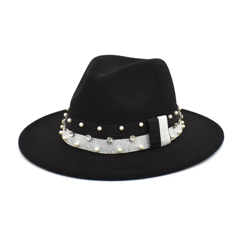 

Women Simple Fedora Hat Wide Brim Felt Black Chain Panama Trilby Cap with Band Polyester Wide Brim Men Fedora Panama Hats