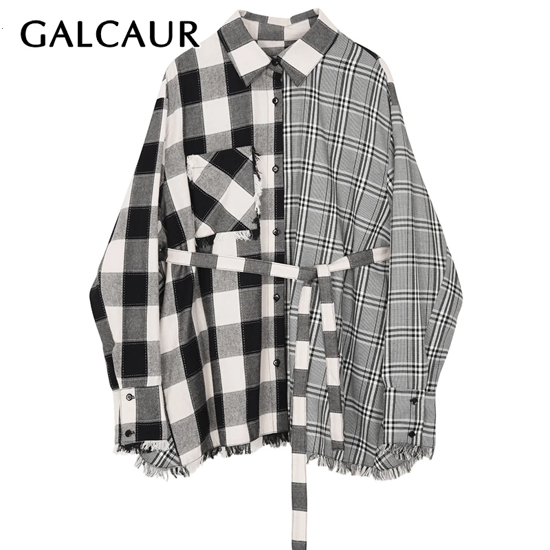 Женская клетчатая рубашка GALCAUR с отложным воротником и длинным рукавом высокой