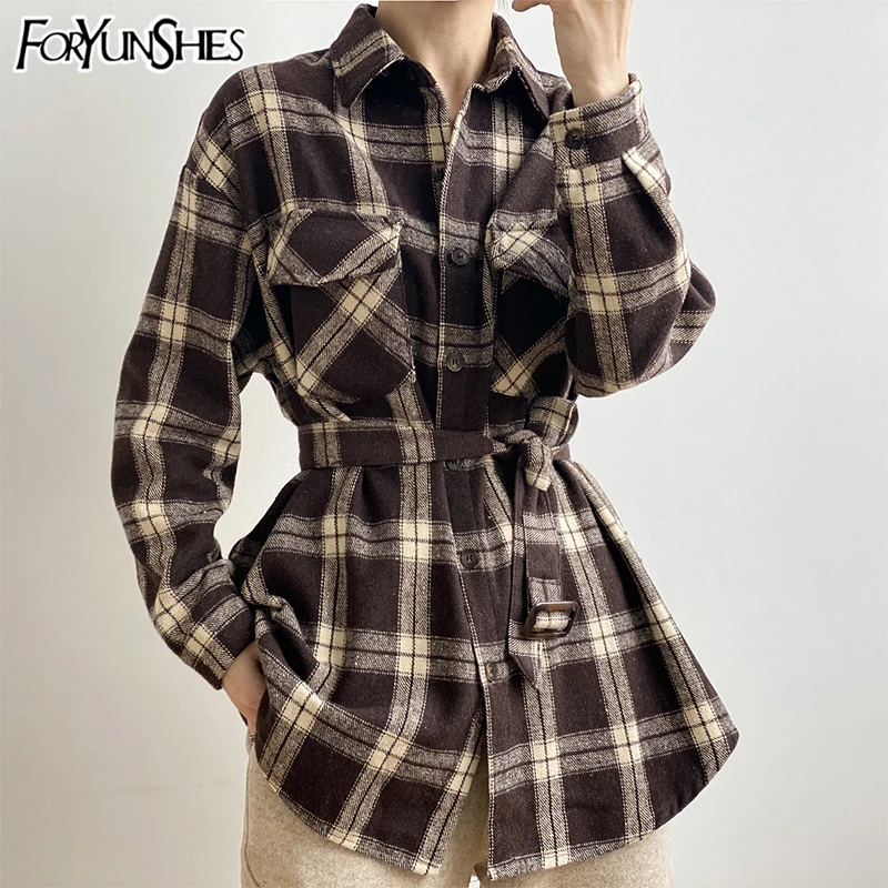 FORYUNSHES Women Retro Plaid Blouse Ladies Thicken Warm Turndown Collar Belt Casual Loose Shirt 2020 Autumn Spring Korean Style
FORYUNSHES Women Retro Plaid Blouse Ladies Thicken Warm Turndown Collar Belt Casual Loose Shirt 2020 Autumn Spring Korean Style