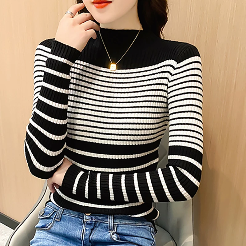 Shintimes Striped Sweater Women Fashion 2020 Autumn Bottoming Slim Jumper Stand Collar Knitted Tops Long Sleeve Sweaters Female
Shintimes Striped Sweater Women Fashion 2020 Autumn Bottoming Slim Jumper Stand Collar Knitted Tops Long Sleeve Sweaters Female