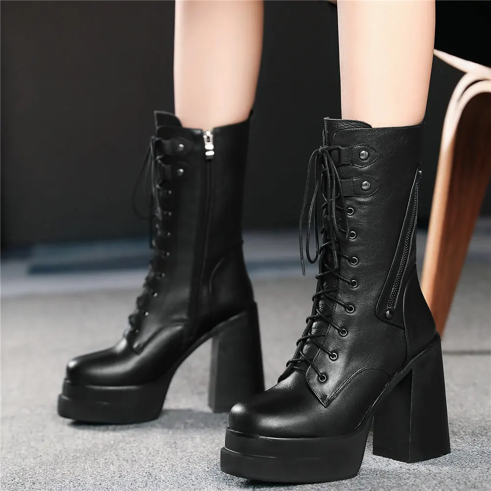 

2021 Women Lace Up Genuine Leather Super High Heels Motorcycle Boots Female High Top Round Toe Platform Pumps Shoes Casual Shoes