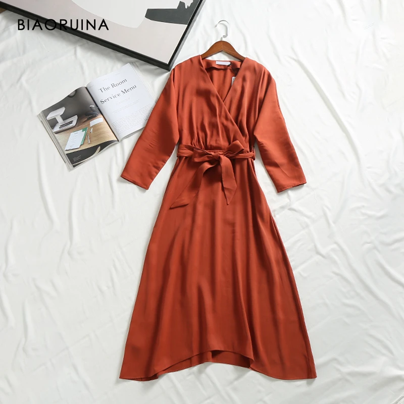 BIAORUINA Women's Red Solid Elegant A-line Long Dress Female Loose High Waist V-neck Midi Dress with Sashes Side Zipper
BIAORUINA Women's Red Solid Elegant A-line Long Dress Female Loose High Waist V-neck Midi Dress with Sashes Side Zipper