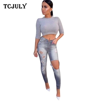

TCJULY Streetwear Slim Gray Jeans For Women Skinny Push Up Denim Pants With Holes Vintage Bleached Washed Stretchy Ripped Jeans
