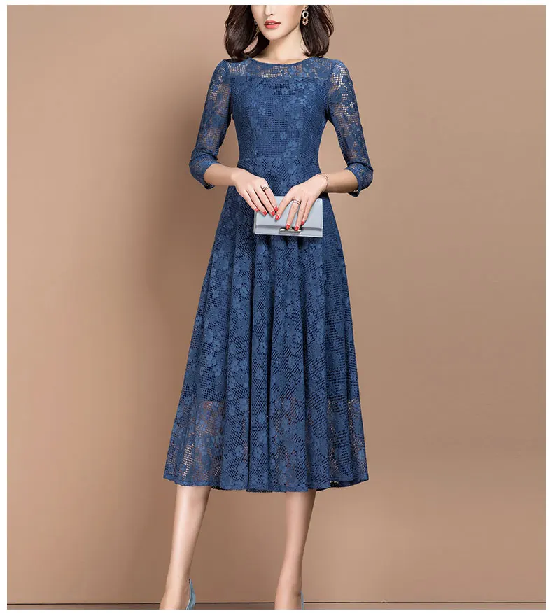 2021 Spring Vintage Three Quarter Sleeve Blue Lace Dress for Women 2021 Spring Vintage Three Quarter Sleeve Blue Lace Dress for Women