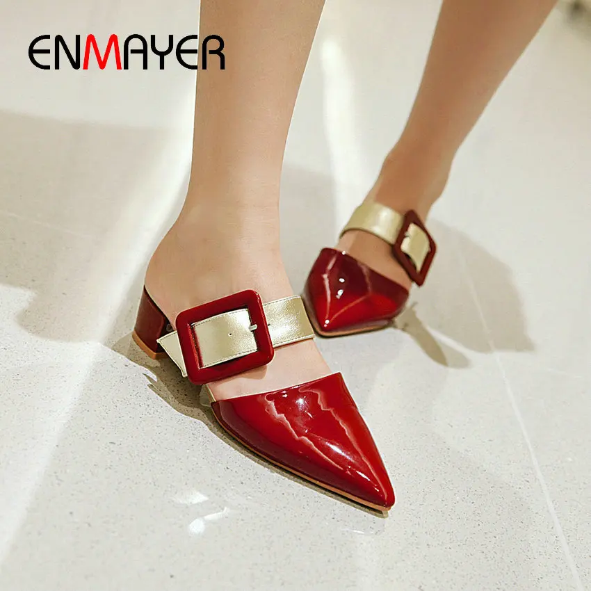 Фото ENMAYER 2020 Basic Patent Leather Pointed Toe Ladies Shoes Slip-On Wedding Womens Square Heel Pumps Women 34-43 | Обувь