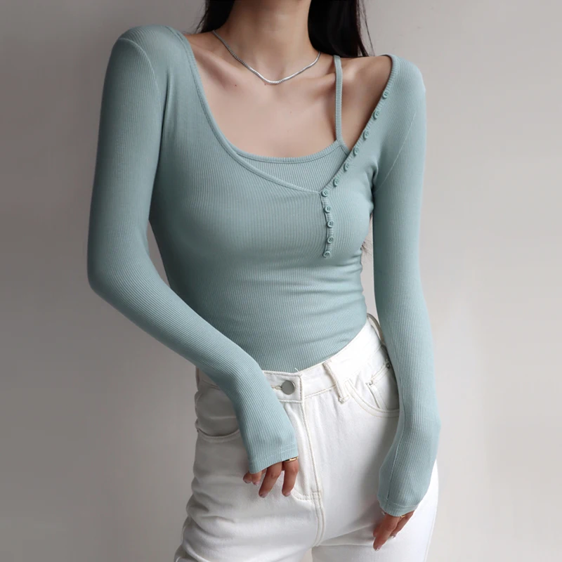 

Women Asymmetrical Neckline Button Details Long Sleeved T-shirt And Cami Co-ord