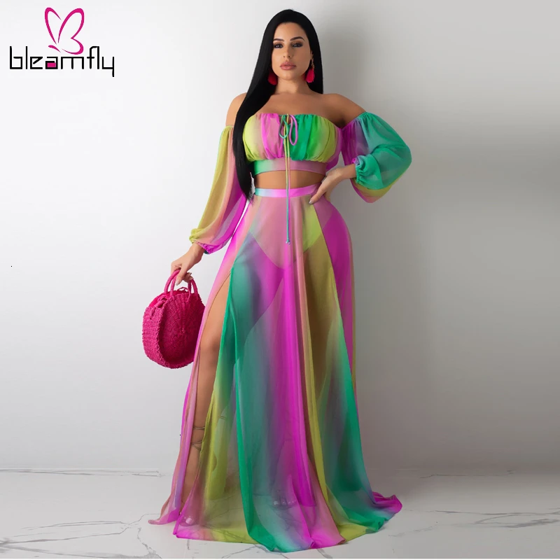 Boho Sexy Two Piece Set Off Shoulder Long Sleeve Crop Top + Slit Maxi Skirts With Thong Sets Women Rainbow Tie Dye Printed Suits
Boho Sexy Two Piece Set Off Shoulder Long Sleeve Crop Top + Slit Maxi Skirts With Thong Sets Women Rainbow Tie Dye Printed Suits