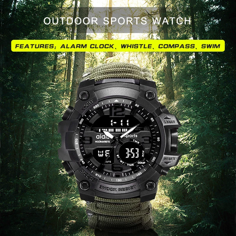 

Addies Military Watch with Compass Men Tend Waterproof Whistel Stopwatch Alarm Clock Sport Digital Wrist Watch montre homme