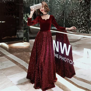 

Skyyue Evening Dress K363 Burgundy Sequined Velour Floor Length Prom Dress 2020 Plus Size Square Collar Long Sleeves Formal Gown