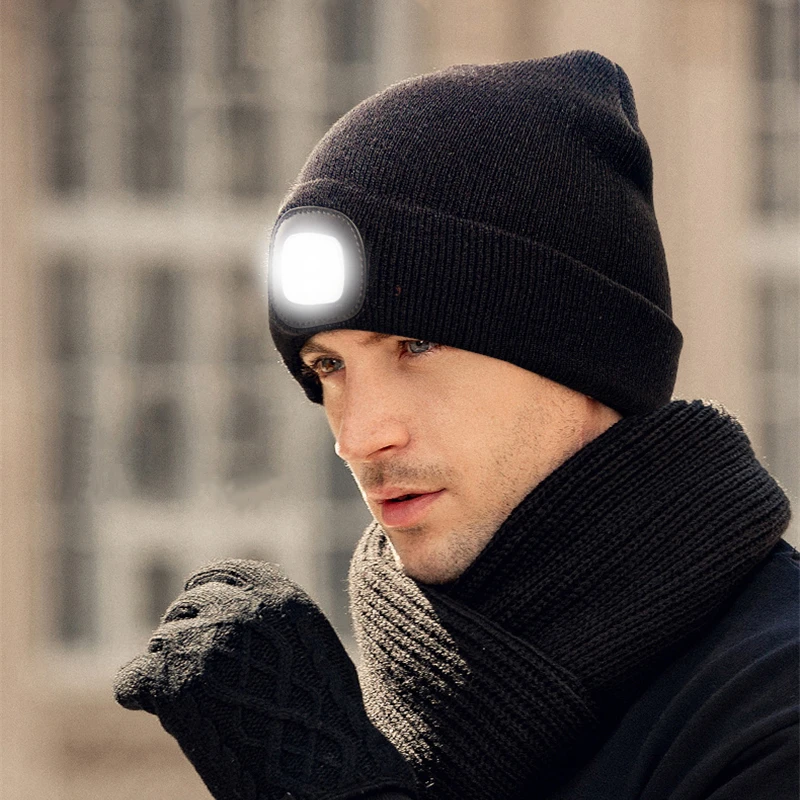 

LED Beanie Torch Hat with Light Men/Women Hat Winter Warm Headlamp Cap with 3 Brightness Levels 4 Bright LED for Camping Fishing