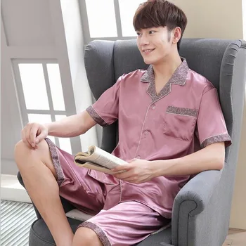 Mens Pajamas Summer top+ shorts pajamas Men Satin Pajamas Patchwork Turn-down Collar Button Sleepwear Male Elastic Waist Pijama 
Mens Pajamas Summer top+ shorts pajamas Men Satin Pajamas Patchwork Turn-down Collar Button Sleepwear Male Elastic Waist Pijama