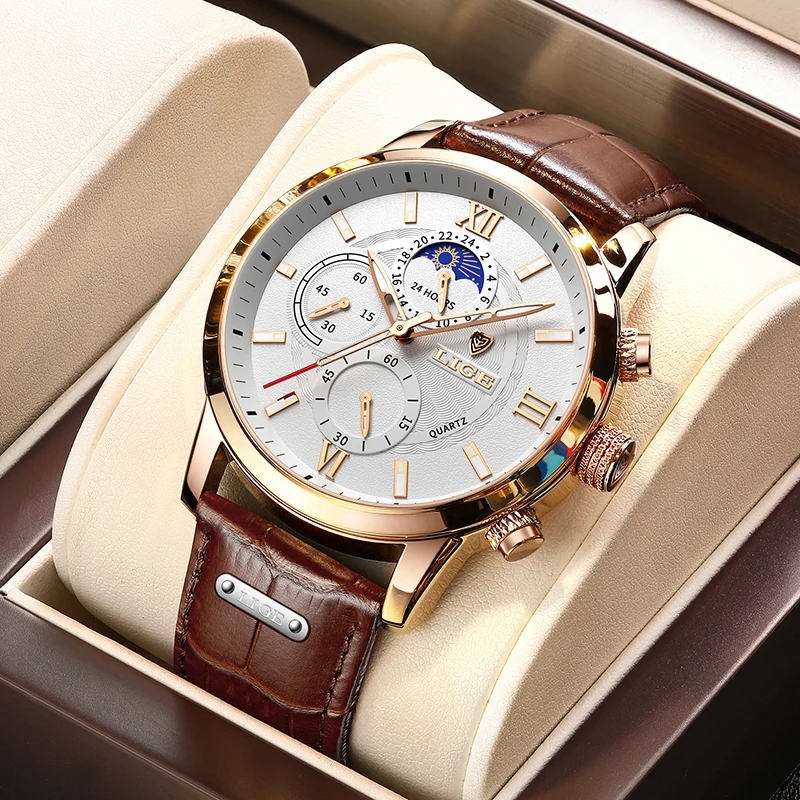 

LIGE Top Brand Luxury Quartz Men's Watches Clock Casual Leathe 24Hour Moon Phase Men Watch Sport Waterproof Date Chronograph+Box