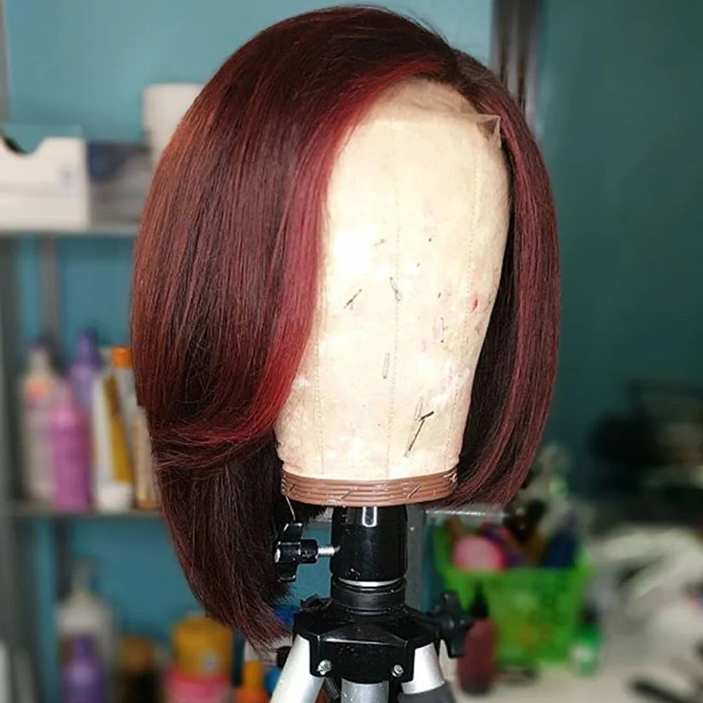 China 370 Big Lace Frontal Human Hair Wig With Bangs Straight Red Bob 13X4 Front Lace Wigs 99J Burgundy Glueless Preplucked Remy Hair For Black Woman