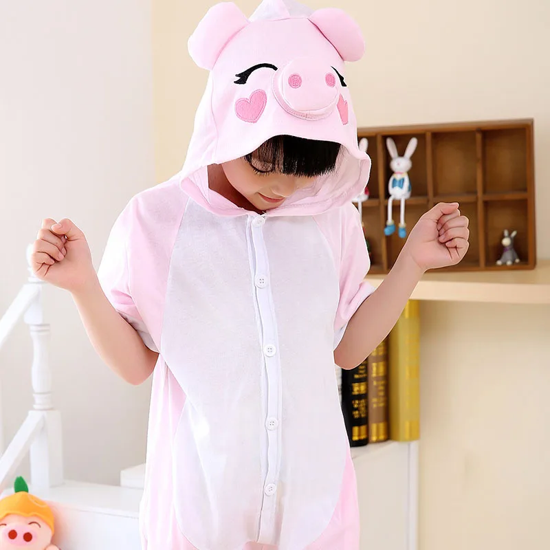 

Anime Pig Cosplay Costume Kids Kigurumis Boy Girl Sleep Suit Summer Cotton Short Sleeve Cartoon Animal Onesies Hoodie Pajama