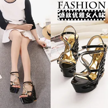 

Summer 15CM Wedges Roman Narrow band Hollow Open Toe 6 inches Thick platform Sandals Shallow Party Dress novelty Elegant Mature