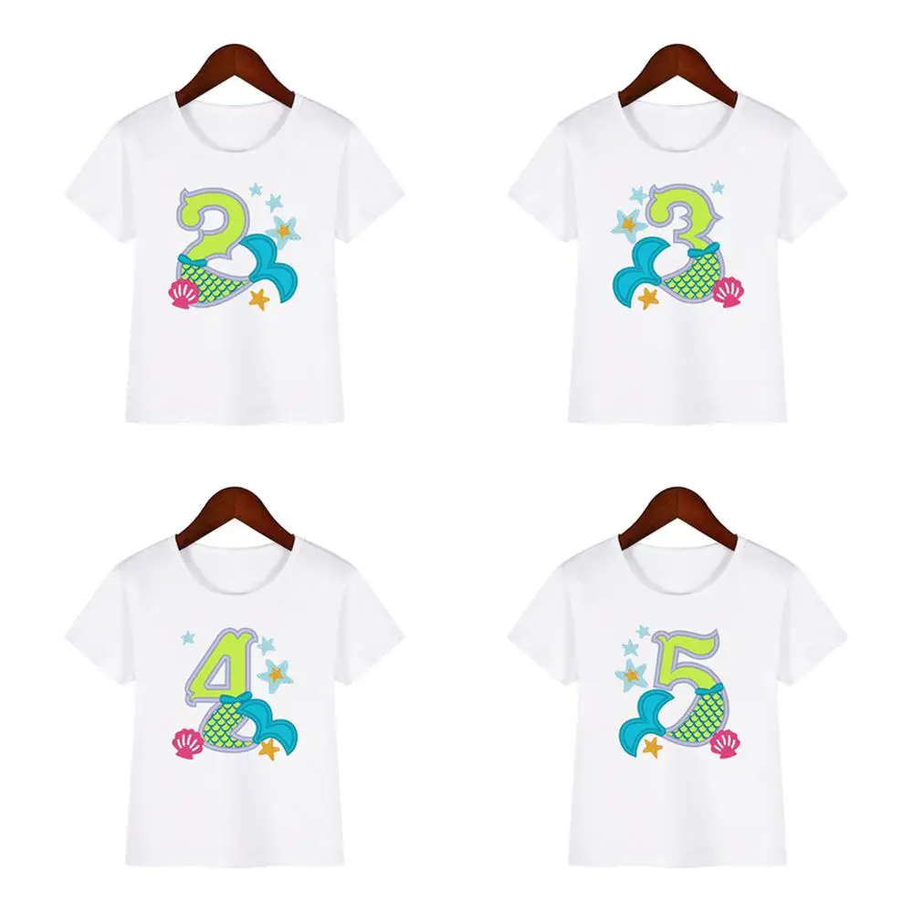 Фото Детская футболка с рисунком русалки на день рождения яркая Одежда для девочек 3