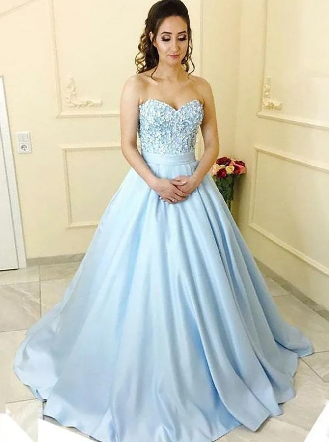 Elegant Prom Dress A-line Sweetheart Sweep Train Blue Satin Prom Dress with Appliques Beading for Party
Elegant Prom Dress A-line Sweetheart Sweep Train Blue Satin Prom Dress with Appliques Beading for Party