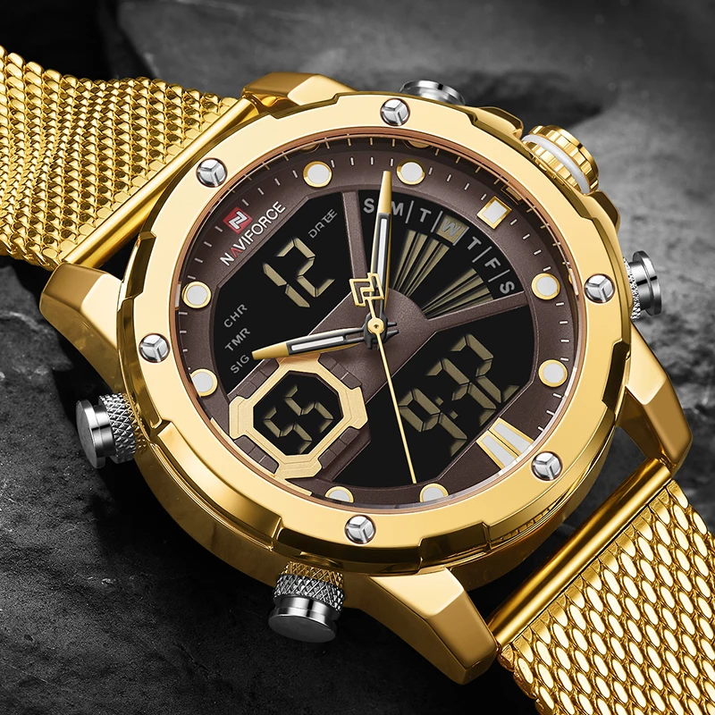 Часы наручные NAVIFORCE Мужские кварцевые люксовые брендовые золотистые Модные