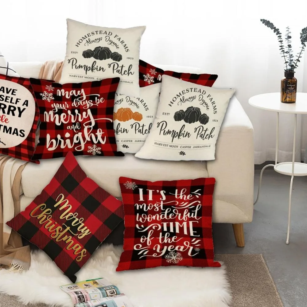 happy fall christmas soft linen pillow case 45*45cm cushion case