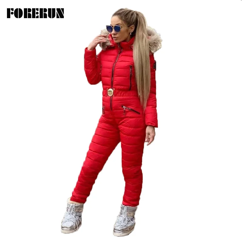 FORERUN One Piece Ski Suit Women Winter Fur Hooded Jumpsuit Cotton Padded Sashes Parka Jumpsuits Zipper Overalls Tracksuits
FORERUN One Piece Ski Suit Women Winter Fur Hooded Jumpsuit Cotton Padded Sashes Parka Jumpsuits Zipper Overalls Tracksuits