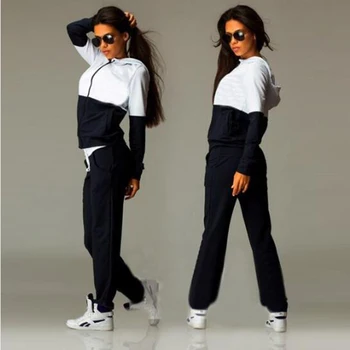 European and American sportswear stitching hooded zipper sweater suit running track and field sports large size women's clothing 
European and American sportswear stitching hooded zipper sweater suit running track and field sports large size women's clothing