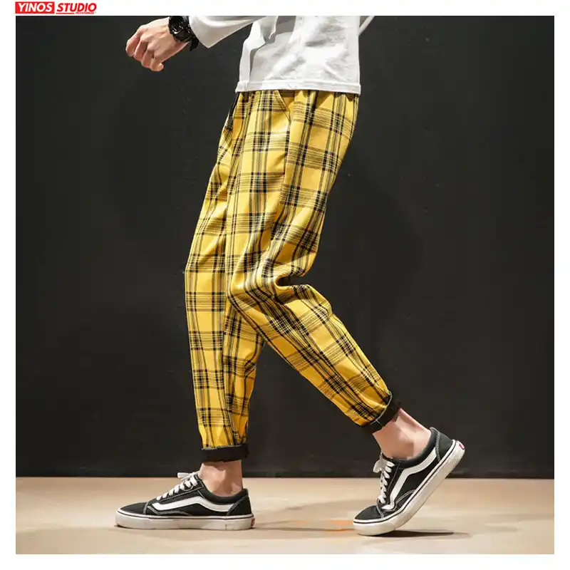 mens yellow tartan trousers