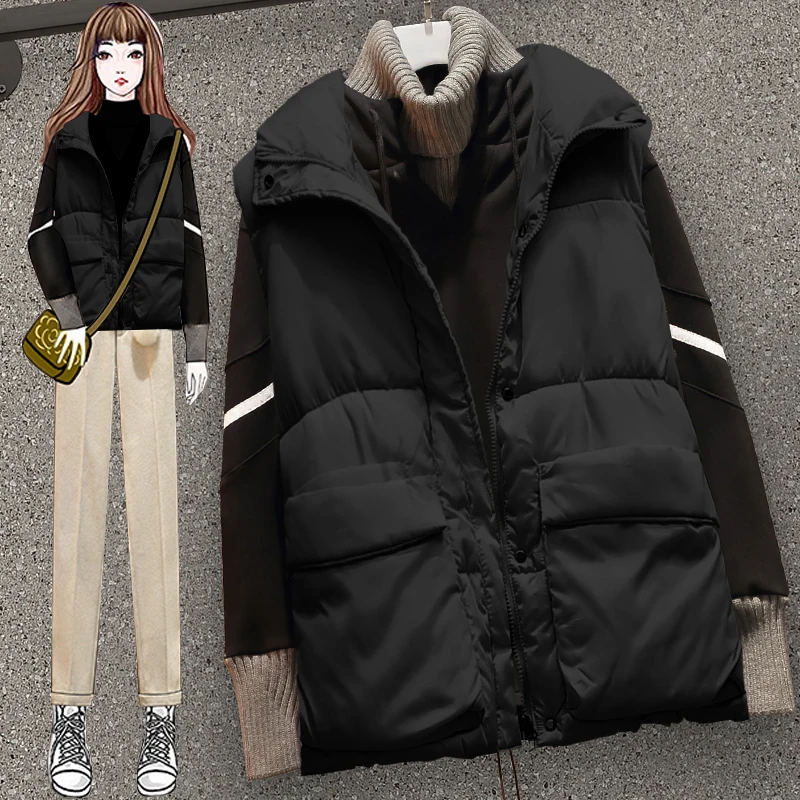 

Make big yards dress 2021 winter new splicing turtleneck fleece joker show thin minus age down cotton-padded jacket vest