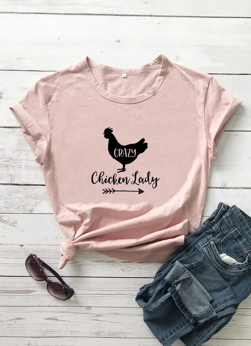 

Crazy Chicken Lady Printed New Arrival Women's Summer Funny Casual 100%Cotton Farmer T-Shirt Mother's Day Gift Country Shirt