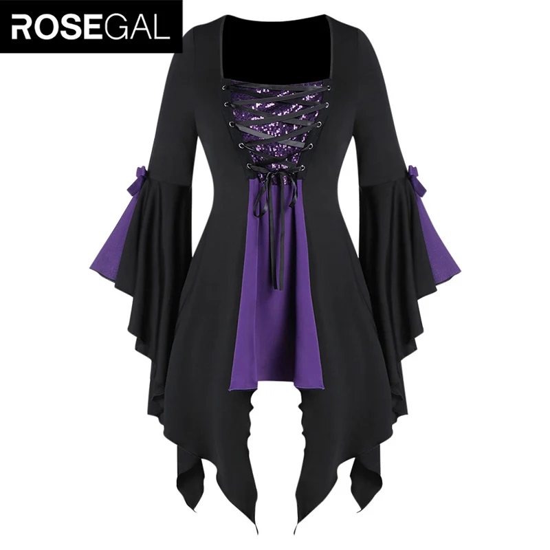 

ROSEGAL Plus Size Asymmetrical Top Female Lace Up Sequin Gothic Flare Sleeve Tee Square Neck Fall Women Gothic Long Shirt Tunic