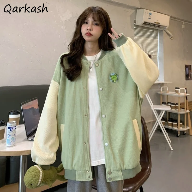 Женские куртки Ulzzang в стиле пэчворк шикарные свободные бейсбольные виде лягушки
